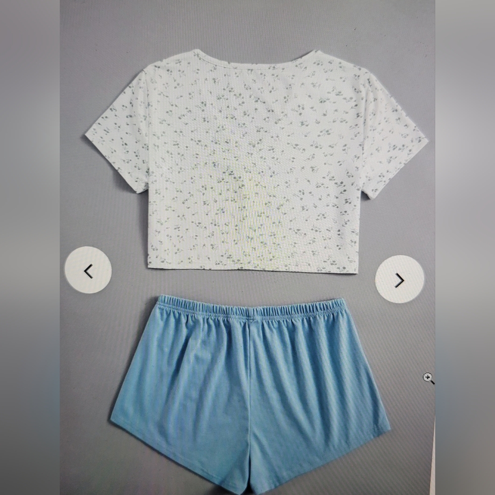 ROMWE DITSY BUTTON FRONT PJ SET White & Blue with Floral Print Top